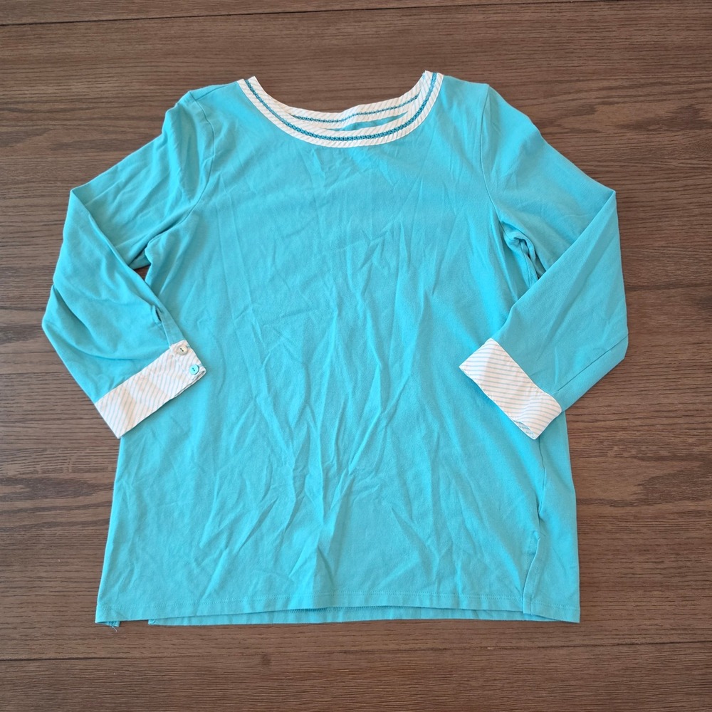 Talbots Womens Turquoise Blue Striped Trim 3/4 Sleeve Knit Top Size M